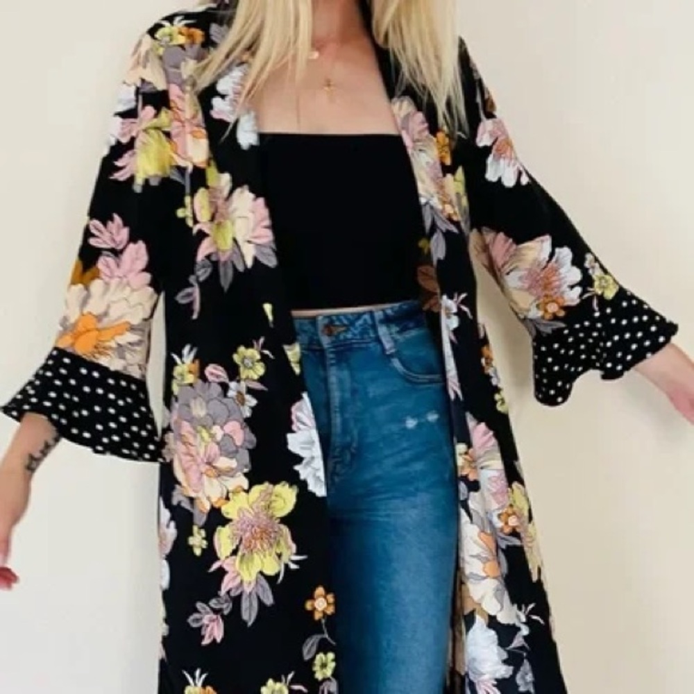 Roz & Ali Floral Polka Dot  Kimono Robe| Sz Lg